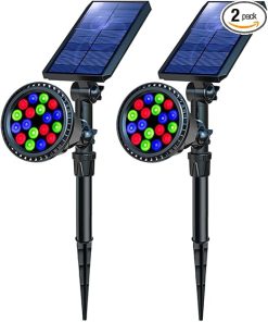 Color Changing Solar Outdoor Lights 18 LED Waterproof Landscape 2 Pack
