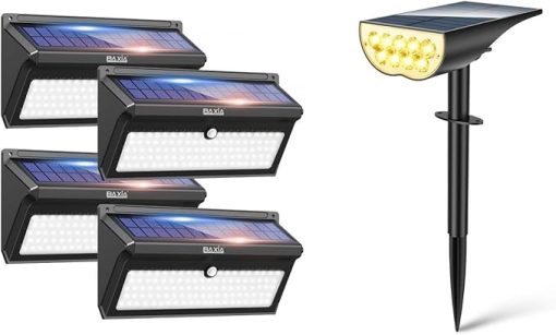 BAXIA 100 LED Solar Motion Sensor Lights 4 Pack and Spot Lights 1 Pack