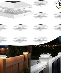 T-SUN Solar Fence Post Cap Lights 12 Pack – Outdoor Waterproof Solar Powered Deck Post Lights for 3.5×3.5 4×4 5.5×5.5 6×6 Vinyl/Wooden Posts – Warm/Cool White Modes for Porch,Yard,Walkway,Gate