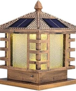 Brass Square LED Solar Post Lantern with Transparent Glass for Outdoors