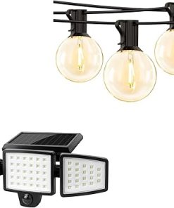 Lepro Solar Flood Light Bundle with 3 Heads and 50ft Edison String Lights