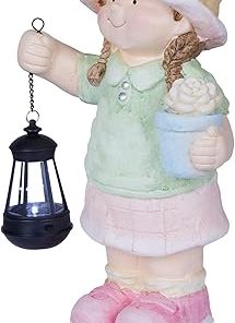 Alpine Corporation Young Girl Lantern Statue with Solar LED Lights 17″