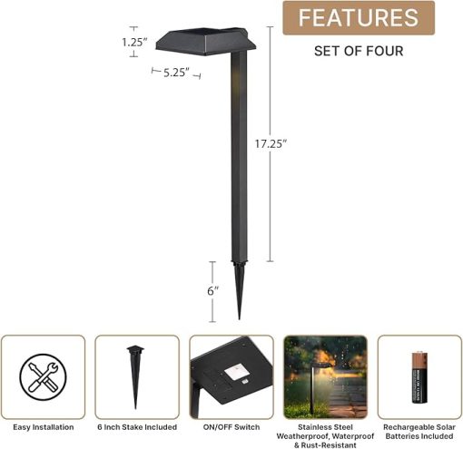 Black Solar Pathway Lights 4 Pack Stainless Steel LED Garden Lights - Image 2