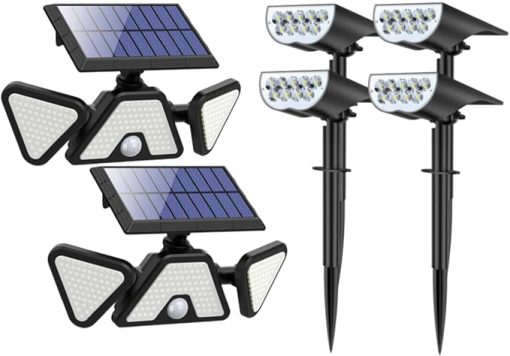 LED Motion Sensor Outdoor Lights 2 Pack and Solar Spot Lights 4 Pack