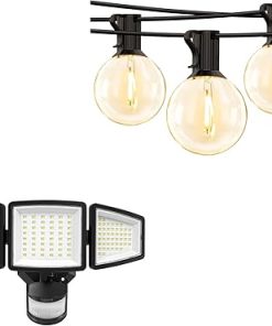 Black LED Security Light Bundle with 3 Adjustable Heads and 50 ft String Lights