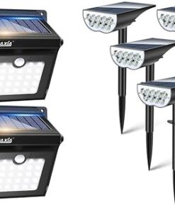 BAXIA 28 LED Solar Motion Sensor Lights and 6 Pack Cold White Spotlights