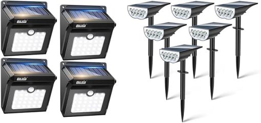 BAXIA 28 LED Solar Motion Sensor Lights and 6 Pack Cold White Spotlights
