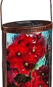 Evergreen Handpainted Glass Metal Solar Lantern for Indoor Outdoor