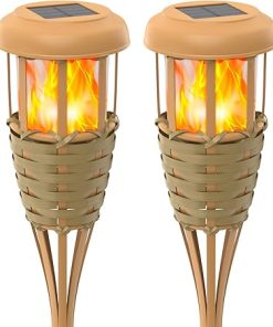 Solar Powered Flickering Flames Lights – Waterproof Bamboo 2-Pack
