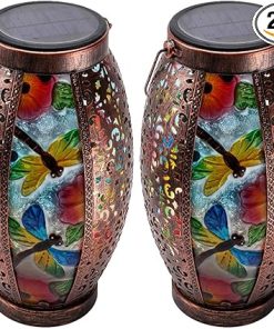 2PCS Dragonfly Outdoor Solar Lanterns Glass & Metal Tabletop Lamp with Hollowed-Out Design Waterproof Hanging Light for Garden Patio Mother’s Day Gift, 7″ W x 15.3″ H