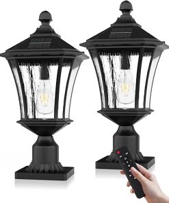 Lovus Solar Post Lights with Pier Mount Base, 19” H Aluminum Solar Lamp Post Light, 2700K/4000K/6000K Dusk to Dawn Pole Lights Outdoor for Pathway Pillar Yard Patio, Remote Control, Black-2PACK