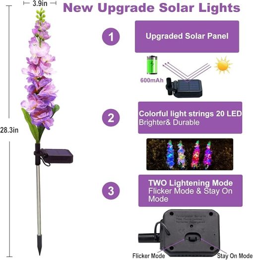 Solar Garden Lights 6 Pack Delphinium Flowers Waterproof Outdoor Decor - Image 2