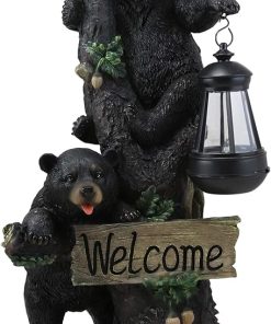 Climbing Black Bear Cubs Solar LED Lantern Light Statue for Garden