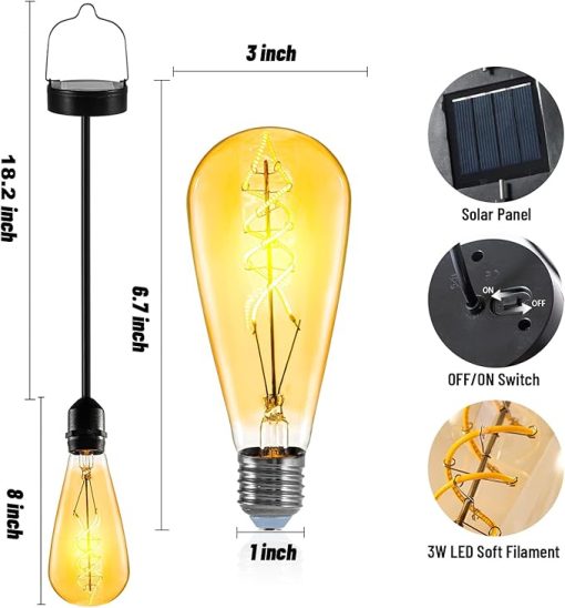 Solar Powered Edison Bulbs Hanging Lights for Outdoor Garden 2 Pack - Image 2