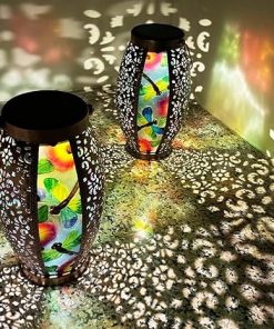 2PCS Dragonfly Outdoor Solar Lanterns Glass & Metal Tabletop Lamp with Hollowed-Out Design Waterproof Hanging Light for Garden Patio Mother’s Day Gift, 7″ W x 15.3″ H 2