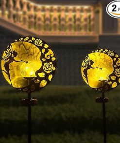 Fairy Solar Garden Lights 2-Pack Decorative Metal Moon Star Stakes