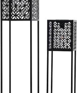Glitzhome Outdoor Solar Floor Lamps 2pcs Black Metal Cutout Pattern Solar Lights with Edison Bulbs for Garden Patio Yard Outdoor Decors