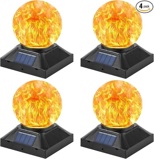 Solar Flame Post Cap Lights 4 Pack for Outdoor Fence Posts