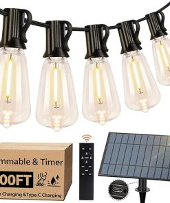 100FT Solar String Lights Remote USB Rechargeable LED Edison Bulbs