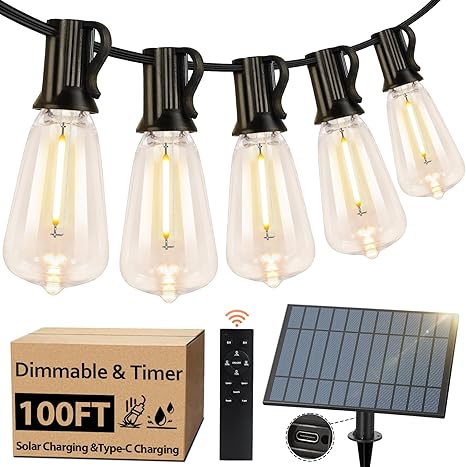 100FT Solar String Lights Remote USB Rechargeable LED Edison Bulbs 100FT Solar String Lights Remote USB Rechargeable LED Edison Bulbs
