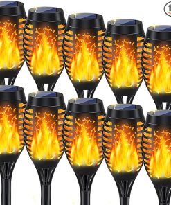 10 Pack Outdoor Solar Torch Lights with Flickering Flame Decor