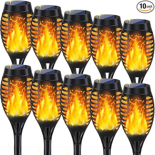 10 Pack Outdoor Solar Torch Lights with Flickering Flame Decor