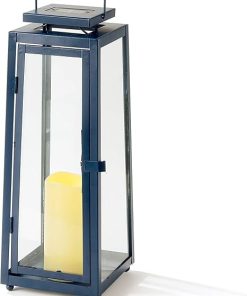 Navy Solar Powered Outdoor Candle Lantern with Timer and LED Lights