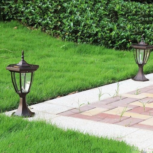 Retro Aluminum Glass Lantern Post Lamp LED Solar Waterproof Light - Image 2