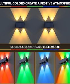 Solar Fence Lights 6 Pack Outdoor Warm White RGB Waterproof 100 Lumens 2