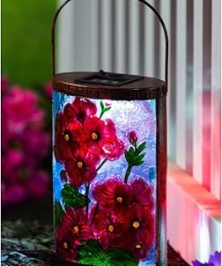Evergreen Handpainted Glass Metal Solar Lantern for Indoor Outdoor 2