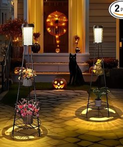 2pack 45.4” Outdoor Floor lamp IP65 Waterproof, Solar Lights Outdoor with 2 Plant Stand,Outdoor Patio Decor with USB Charging Port 3 Lighting Modes for Porch Deck Yard and Garden