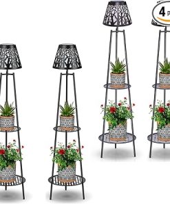 Metal Solar Floor Lamps with Plant Stands for Outdoor Decor 4 Pack