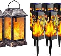 TomCare Solar Lights Metal Flickering Flame Lantern and Pathway Light