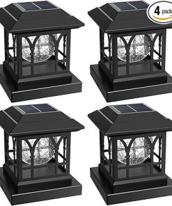 Solar Fence Post Lights with Crackle Glass Warm White RGB 4 Pack