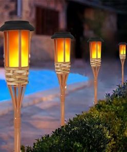 Flickering Flames Solar Powered Lights Outdoor, Waterproof 12LED Bamboo Solar Torch Lights Landscape Garden Decorative Lighting (4PCS)