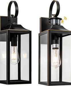 Large Motion Sensor Wall Lights Black Gold Trim Industrial Outdoor Sconce