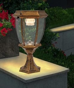 Solar LED Pillar Light Set of 2 Outdoor Garden Lanterns Bronze 2