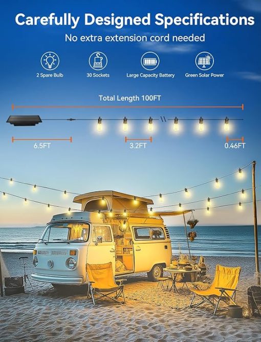 Brightever 100FT Solar String Lights Outdoor Waterproof with Remote - Image 2