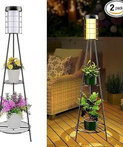 Solar Lights Outdoor with 2 Tier Plant Stand and USB Charging 2 Pack