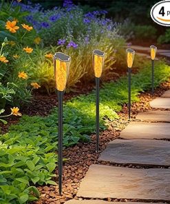 Solar Pathway Lights 2 Pack Waterproof Garden Lights with RGB Flame