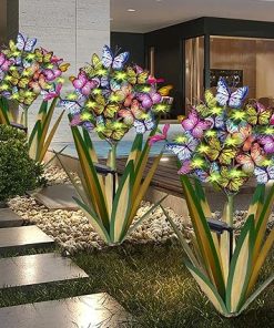 Solar Metal Agave Butterfly Stick Garden Sculpture 3 PCS Set