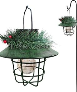 Alpine Corporation Metal Lantern with Shepherd’s Hook and Solar Warm White LED Lights, Green