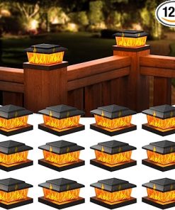 Solar Fence Post Cap Lights 12 Pack Black Waterproof LED Flame Light
