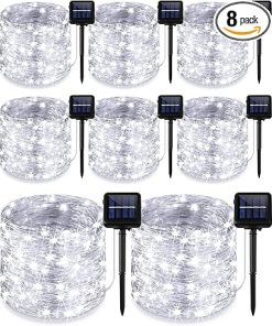 8 Pack Solar String Lights Outdoor Waterproof 240 LED 78ft Cool White
