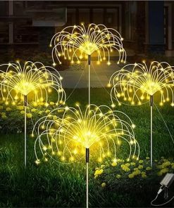 Solar Outdoor Restored Patio 300LED Solar Fireworks Lights Pathway Outdoor Waterproof 8 Modes Patio Yard Decorative 4Packs(Warm White,300LED)