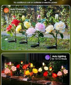 4 Pack LED Solar Flower Lights with Realistic Roses for Outdoors 2