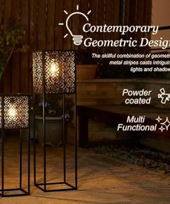 Glitzhome Outdoor Solar Floor Lamps 2pcs Black Metal Cutout Pattern Solar Lights with Edison Bulbs for Garden Patio Yard Outdoor Decors 2