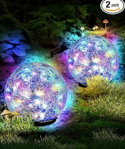 Garden Solar Ball Lights Outdoor Waterproof, 80 LED Cracked Glass Globe Solar Power Ground Lights for Path Yard Patio Lawn, Outdoor Decoration Landscape Colorful(2 Pack 5.9”)