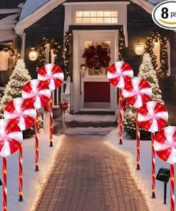 Christmas Solar Pathway Lights Set of 8 Peppermint Stake Decor