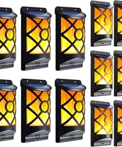 Solar Flame Lights Outdoor, Flickering Flames Solar Wall Light, Fire Effect 66 LED Auto On/Off Solar Powered Wall Mounted Landscape Decor Lighting Torch Lamp for Fence, Patio, Deck
